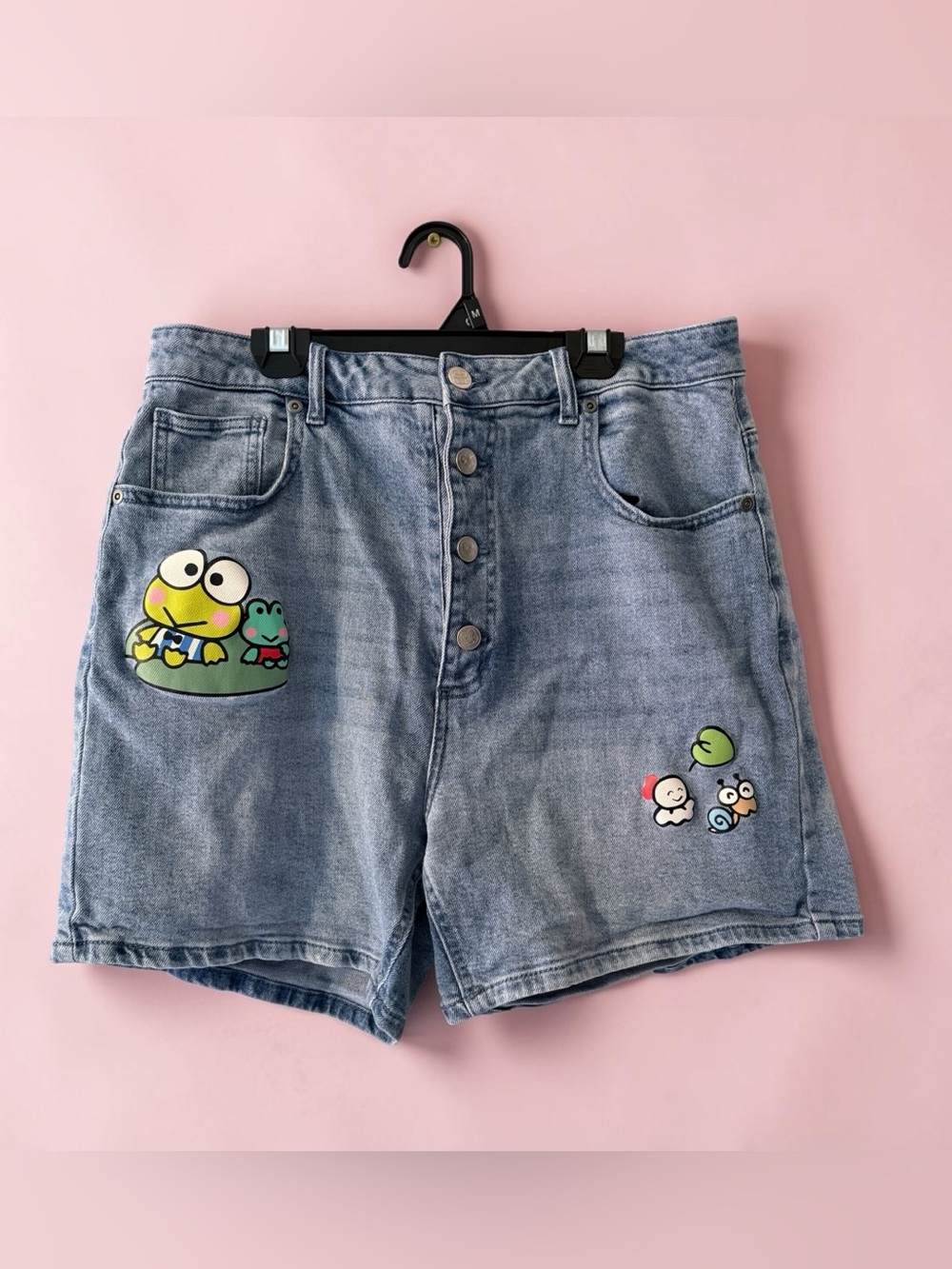 Sanrio Keroppi Denim Shorts in Light Blue with Yellow Logo Tag